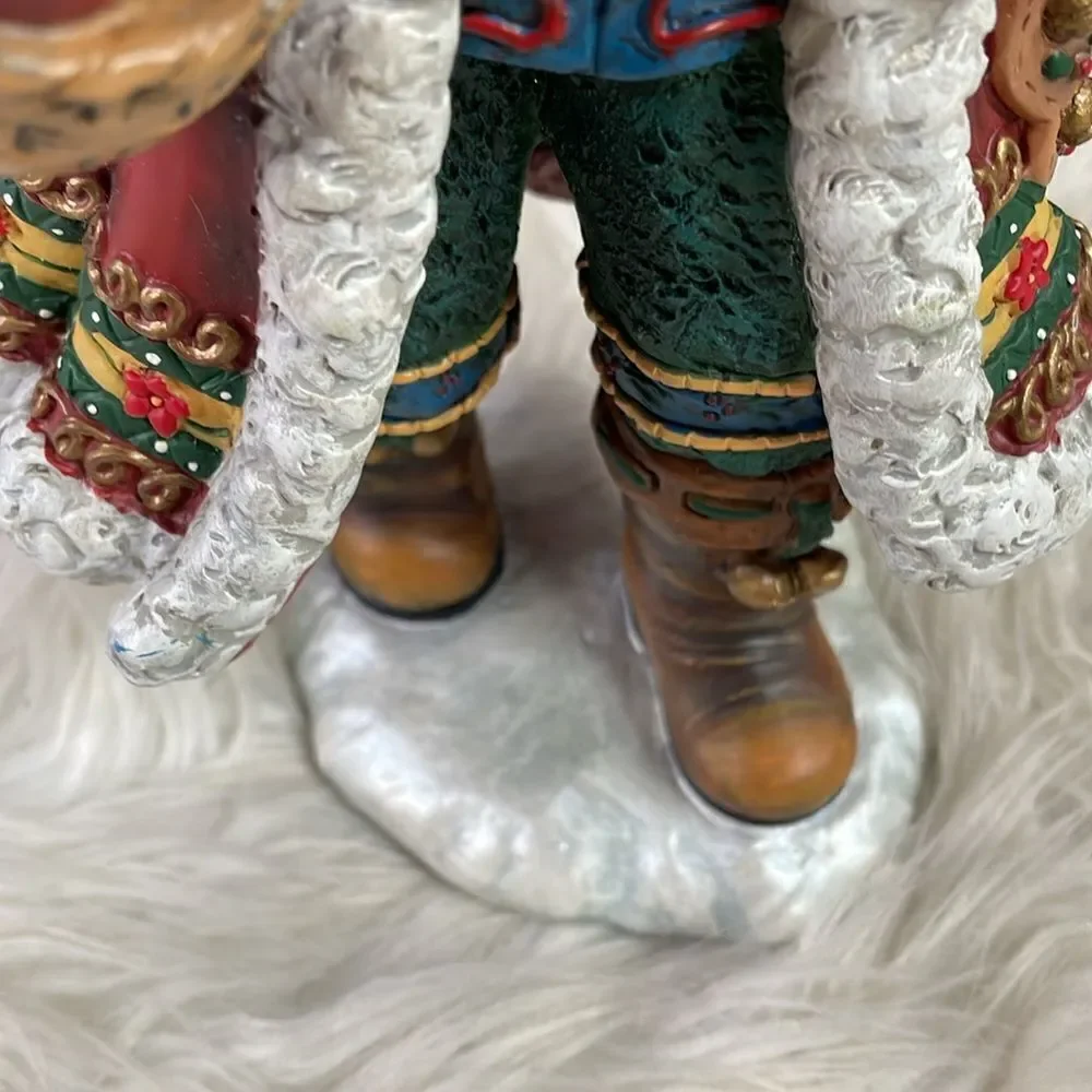 Vintage Resin Santa Holding Tree, Teddy Bear & Basket of Apples,Toy Bag on Back